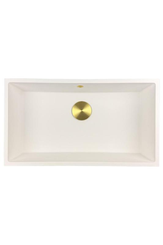 GraniteMy Universal granieten grote witte spoelbak 74x40 cm wit opbouw onderbouw en vlakinbouw met gouden plug 1208967163