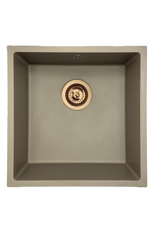 GraniteMy Universal granieten taupe spoelbak 40x40 cm opbouw, onderbouw en vlakinbouw met koper plug 1208967214