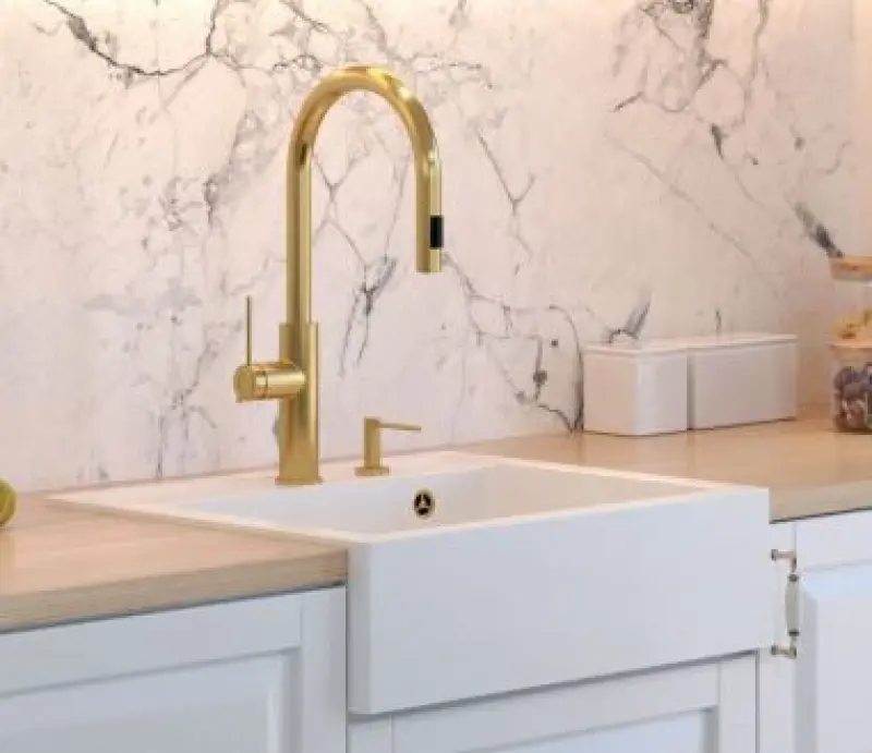 Quadri Farmhouse landelijke tussen of opbouw granieten spoelbak mat wit met gouden plug 595x540mm 1208967264