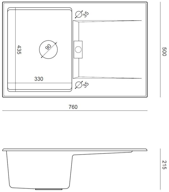 Quadri Minton Granieten Opbouw Zwarte Spoelbak 76x50cm met Afdruip Omkeerbaar en RVS Plug - 1208967303