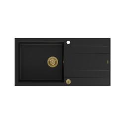 Quadri Luton zwarte granieten opbouw spoelbak met afdruipvlak omkeerbaar 100x50cm met gouden plug 1208967317