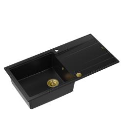 Quadri Luton zwarte granieten opbouw spoelbak met afdruipvlak omkeerbaar 100x50cm met gouden plug 1208967317