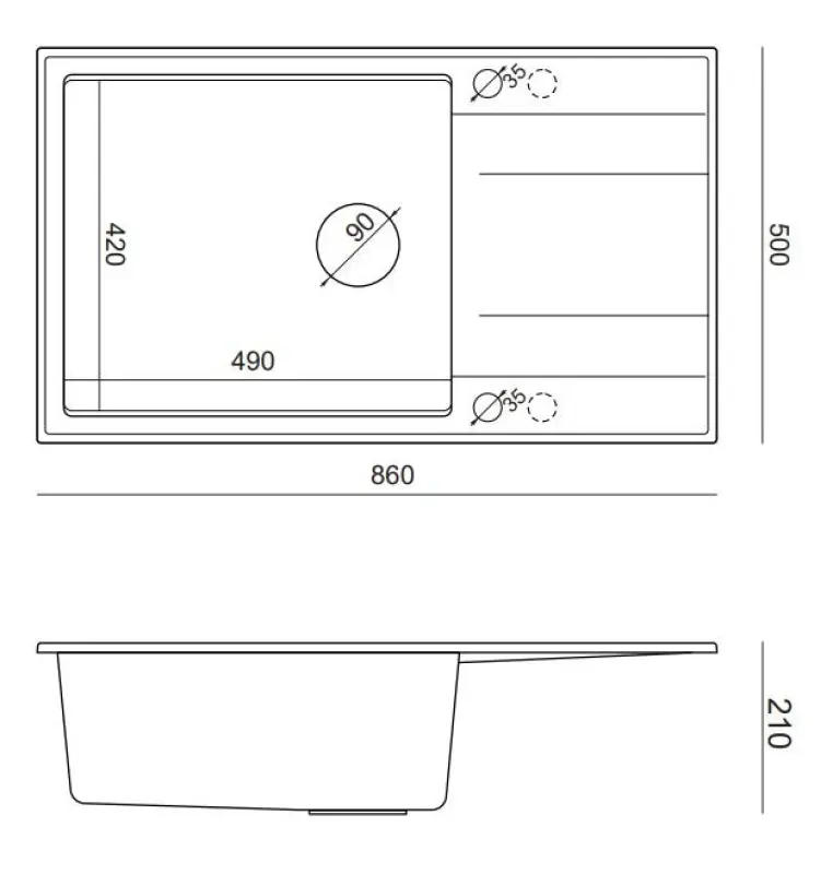 Quadri Luton zwarte granieten grote opbouw spoelbak met afdruipvlak omkeerbaar 86x50cm met koperen plug 1208967326