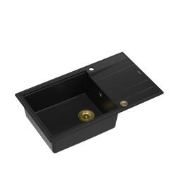 Quadri Luton zwarte granieten grote opbouw spoelbak met afdruipvlak omkeerbaar 86x50cm met gouden plug 1208967327