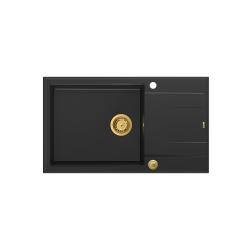 Quadri Luton zwarte granieten grote opbouw spoelbak met afdruipvlak omkeerbaar 86x50cm met gouden plug 1208967327