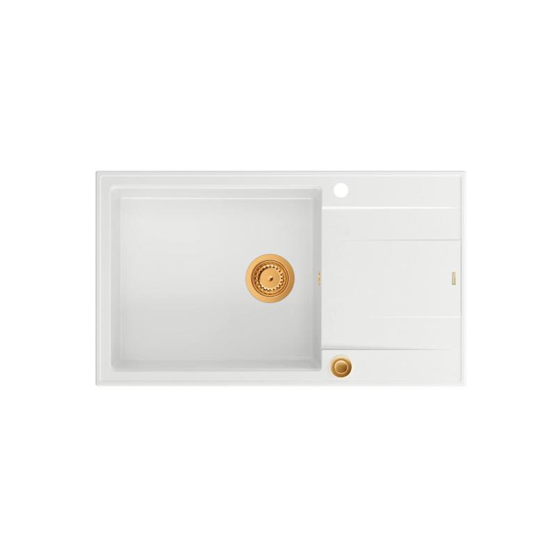 Quadri Luton witte granieten grote opbouw spoelbak met afdruipvlak omkeerbaar 86x50cm met koperen plug 1208967328