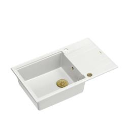 Quadri Luton witte granieten grote opbouw spoelbak met afdruipvlak omkeerbaar 86x50cm met gouden plug 1208967329