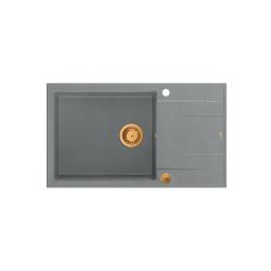 Quadri Luton grijs granieten grote opbouw spoelbak met afdruipvlak omkeerbaar 86x50cm met koper plug 1208967331