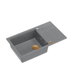 Quadri Luton grijs granieten grote opbouw spoelbak met afdruipvlak omkeerbaar 86x50cm met koper plug 1208967331