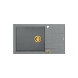 Quadri Luton grijs granieten grote opbouw spoelbak met afdruipvlak omkeerbaar 86x50cm met gouden plug 1208967332