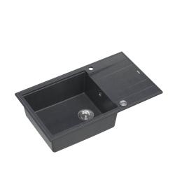 Quadri Luton antraciet granieten grote opbouw spoelbak met afdruipvlak omkeerbaar 86x50cm met rvs plug 1208967333