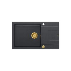 Quadri Luton antraciet granieten grote opbouw spoelbak met afdruipvlak omkeerbaar 86x50cm met gouden plug 1208967334
