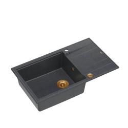Quadri Luton antraciet granieten grote opbouw spoelbak met afdruipvlak omkeerbaar 86x50cm met koperen plug 1208967335