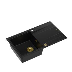 Quadri Luton zwarte granieten opbouw spoelbak met afdruipvlak omkeerbaar 86x50cm met gouden plug 1208967336