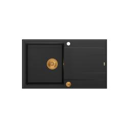 Quadri Luton zwarte granieten opbouw spoelbak met afdruipvlak omkeerbaar 86x50cm met koperen plug 1208967337