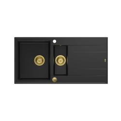 Quadri Luton zwarte granieten opbouw 1,5 spoelbak met afdruipvlak omkeerbaar 100x50cm met goud plug 1208967346