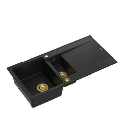 Quadri Luton zwarte granieten opbouw 1,5 spoelbak met afdruipvlak omkeerbaar 100x50cm met goud plug 1208967346