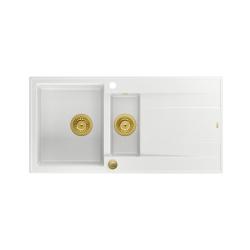 Quadri Luton witte granieten opbouw 1,5 spoelbak met afdruipvlak omkeerbaar 100x50cm met gouden plug 1208967348