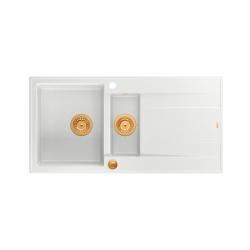 Quadri Luton witte granieten opbouw 1,5 spoelbak met afdruipvlak omkeerbaar 100x50cm met koperen plug 1208967349