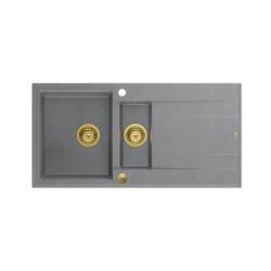 Quadri Luton grijs granieten opbouw 1,5 spoelbak met afdruipvlak omkeerbaar 100x50cm met gouden plug 1208967351