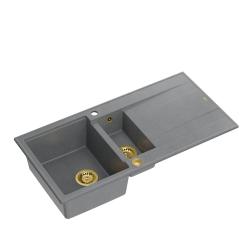 Quadri Luton grijs granieten opbouw 1,5 spoelbak met afdruipvlak omkeerbaar 100x50cm met gouden plug 1208967351