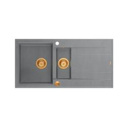 Quadri Luton grijs granieten opbouw 1,5 spoelbak met afdruipvlak omkeerbaar 100x50cm met koperen plug 1208967352