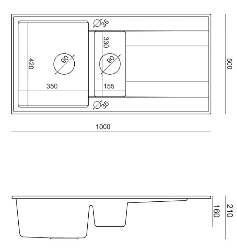 Quadri Luton antraciet granieten opbouw 1,5 spoelbak met afdruipvlak omkeerbaar 100x50cm met koperen plug 1208967355