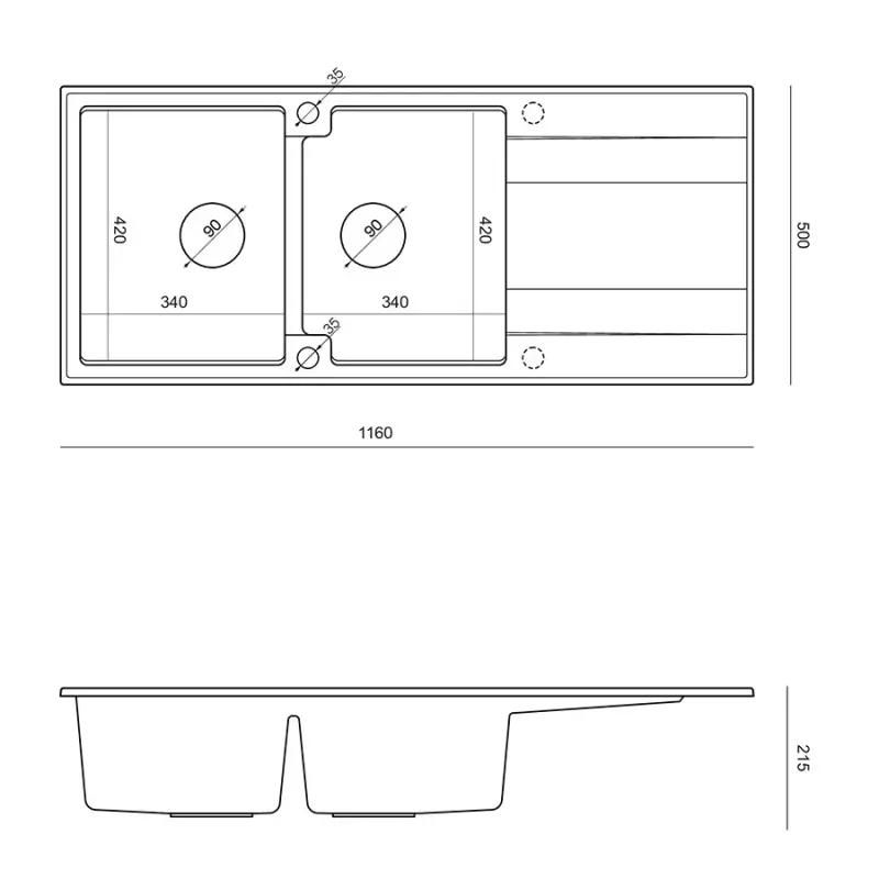 Quadri Luton opbouw dubbele graniet spoelbak grijs met afdruipgedeelte 116x50 cm met rvs plug 1208967360