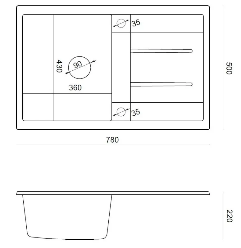 Quadri Sheffield Zwarte Granieten Opbouw Spoelbak 78x50cm met Afdruipgedeelte en Gouden Plug - 1208967581