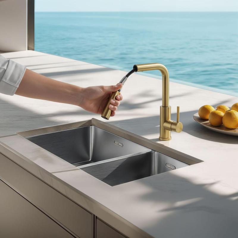 Pure.Sink Elite Steel Spark-S keukenkraan PVD geborsteld goud met uittrekbare uitloop PS8041-60