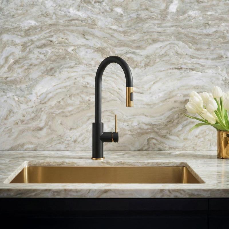 Quadri Retford Keukenmengkraan Zwart met Gouden Afwerking en Uitneembare Uitloop met Sproeistand 1208967677
