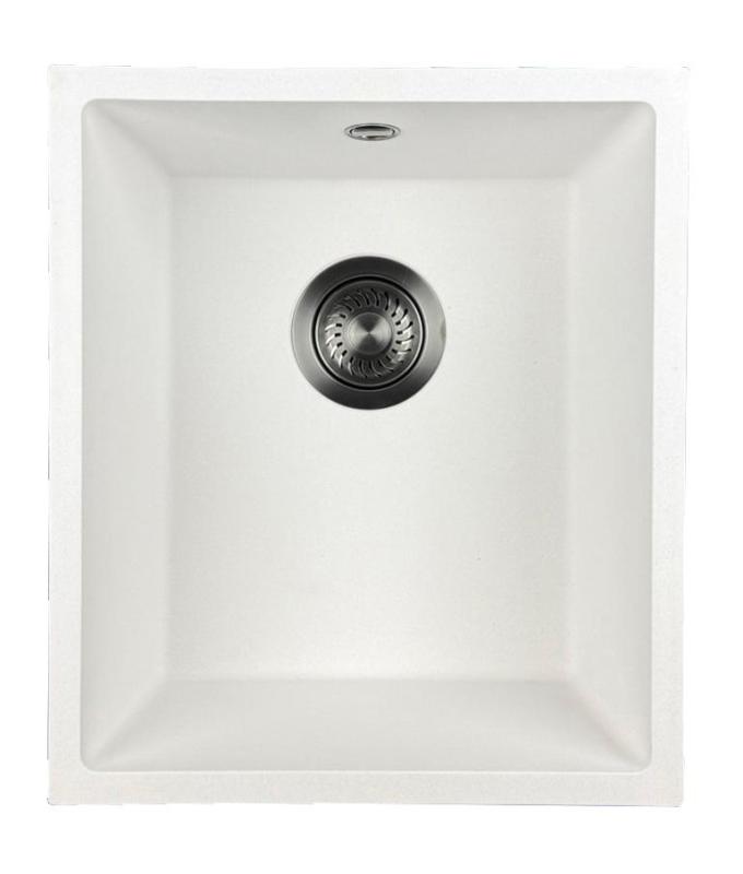 GraniteMy Universal Witte Granieten Spoelbak 34x40 cm wit opbouw onderbouw en vlakinbouw met gun metal plug  1208967904