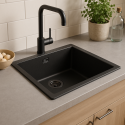 GraniteMy Universal Granieten Zwarte Spoelbak 50x40 cm opbouw, onderbouw en vlakinbouw met gun metal plug- 1208967921