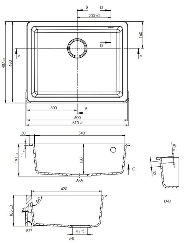 GraniteMy Tradition Landelijke Gootsteen Granieten Spoelbak 60x48 cm Zwart Onderbouw en Vlakbouw met Gun metal Plug 1208967939