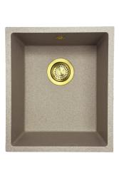 GraniteMy Universal granieten beige zand spoelbak 34x40 cm opbouw onderbouw en vlakinbouw met gouden plug 1208968008