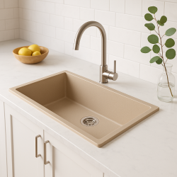 GraniteMy Universal granieten beige zand spoelbak 74x40 cm opbouw onderbouw en vlakinbouw met rvs plug 1208968017