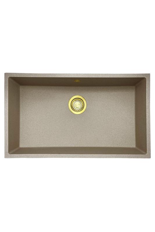 GraniteMy Universal granieten beige zand spoelbak 74x40 cm opbouw onderbouw en vlakinbouw met gouden plug 1208968018