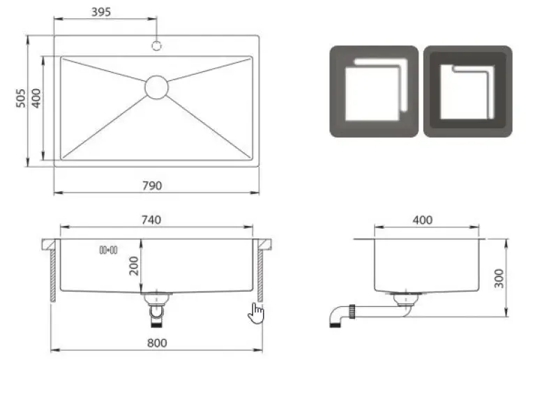 OUTLET Schade Ausmann Oder Blue grote rvs spoelbak 79x50cm vlakbouw en opbouw met kraangatbank 	1208969649