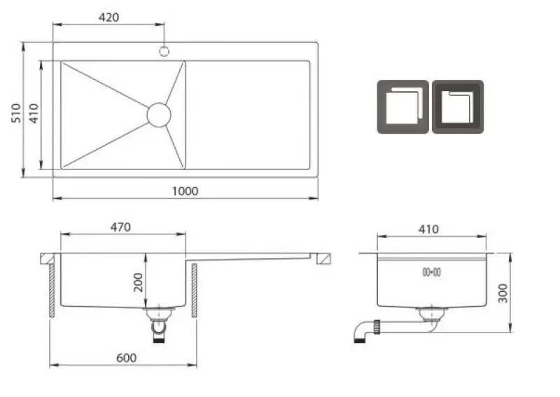 OUTLET SCHADE BAK Ausmann Oder Blue grote rvs spoelbak 100x51cm vlakbouw en opbouw met afdruipgedeelte 1208969928 OUTLET
