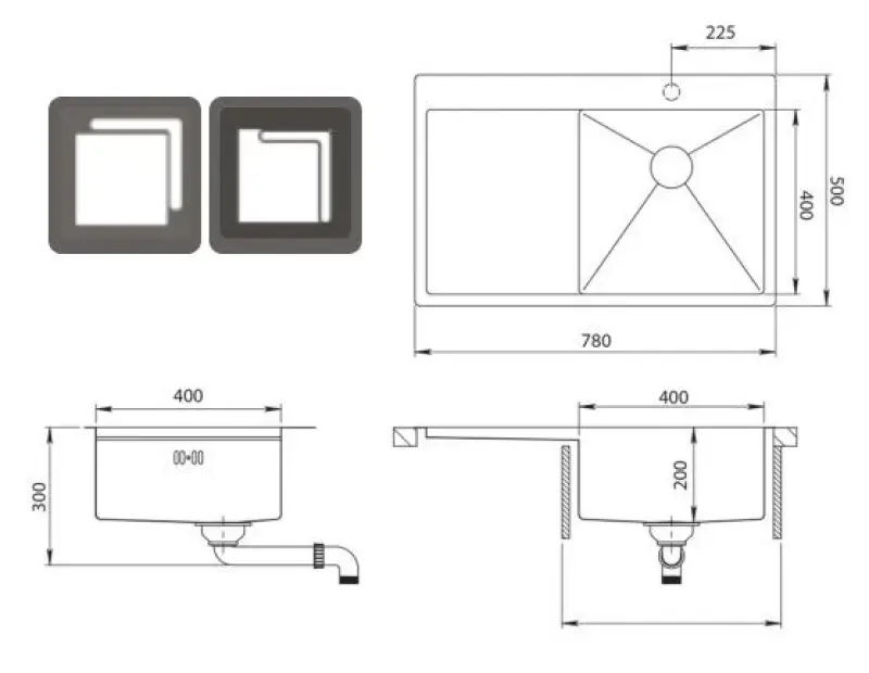OUTLET Schade bak!! Ausmann Oder Blue rvs spoelbak 78x50cm vlakbouw en opbouw met afdruipgedeelte 1208970000