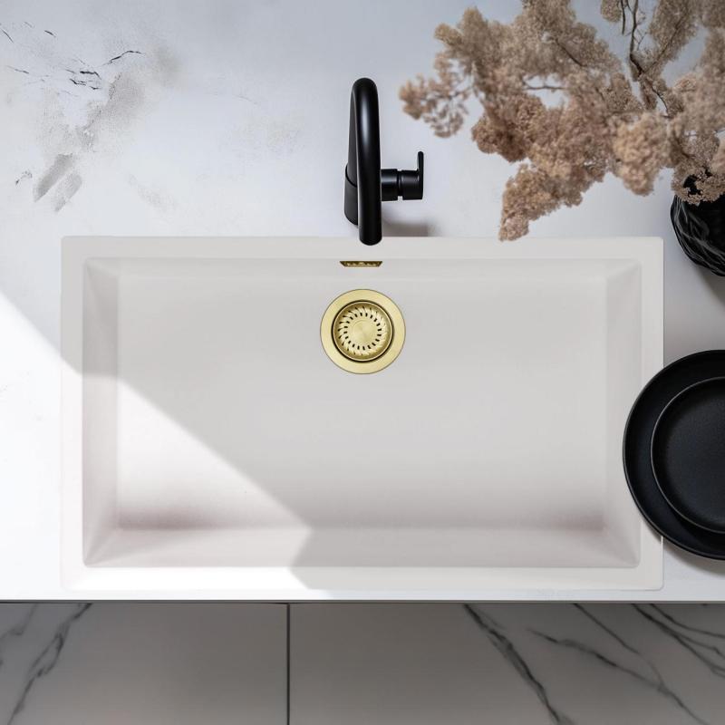Witte Grote Spoelbak 70x40 cm Onderbouw, Opbouw en Vlakinbouw met Gouden Plug 1208970522