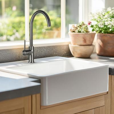 Ausmann Ceramic Panor Shade Keramische Witte Butler Spoelbak - Onderbouw en Tussenbouw 630 x 597 mm met kraangatbank en Mat Zwart plug 1208970554