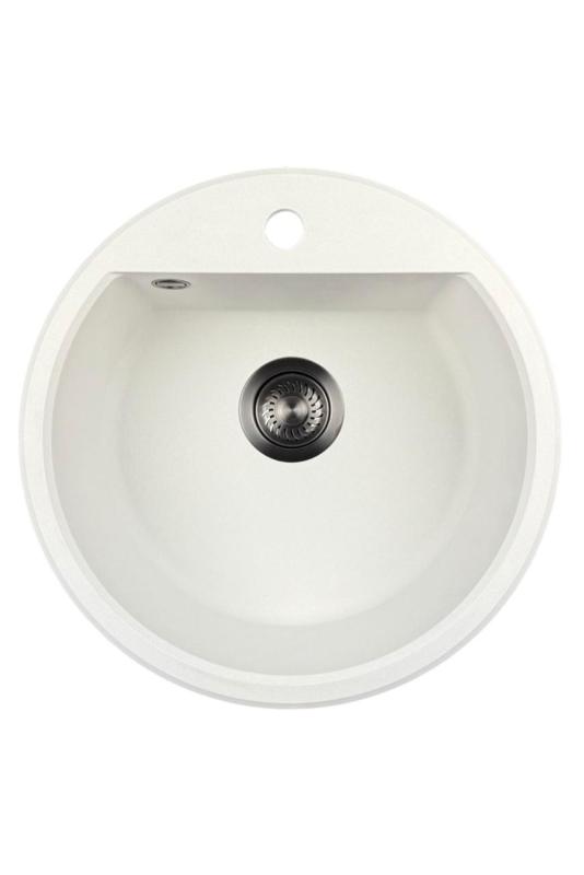 GraniteMy Bremen ronde granieten spoelbak 43 cm wit opbouw en onderbouw met kraangatbank met gun metal plug 1208971220
