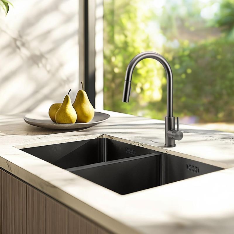 Pure.Sink Prestige Dubbele Gun metal spoelbak 70x40 cm 10mm radius onderbouw, vlakbouw en opbouw PPG343440-61