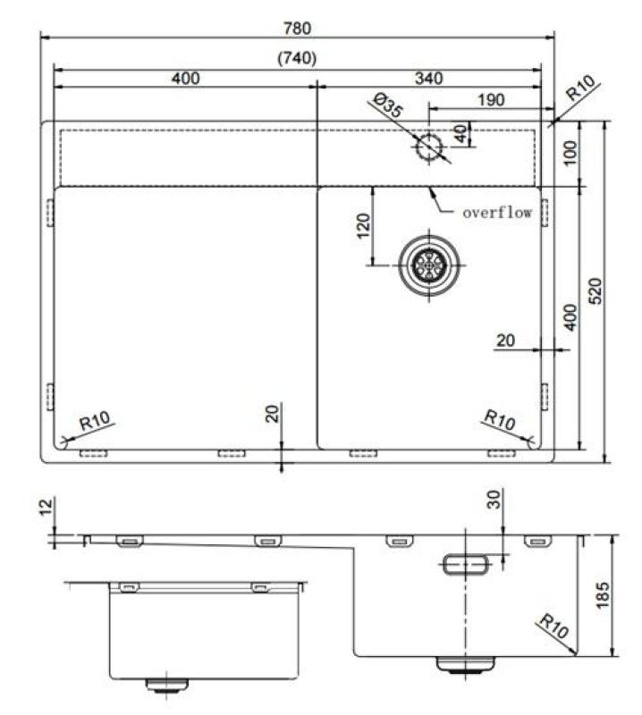 Pure.Sink Exclusivo Gouden kleine spoelbak met afdruipgedeelte 78x52 cm Tapwing rechts PEX3478RT-60