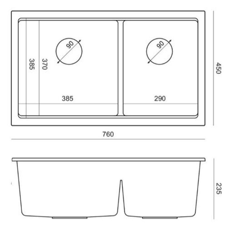 Quadri Newport II Dubbele Antraciet Graniet Opbouw Spoelbak 76x45 cm met Koperen plug 1208971359