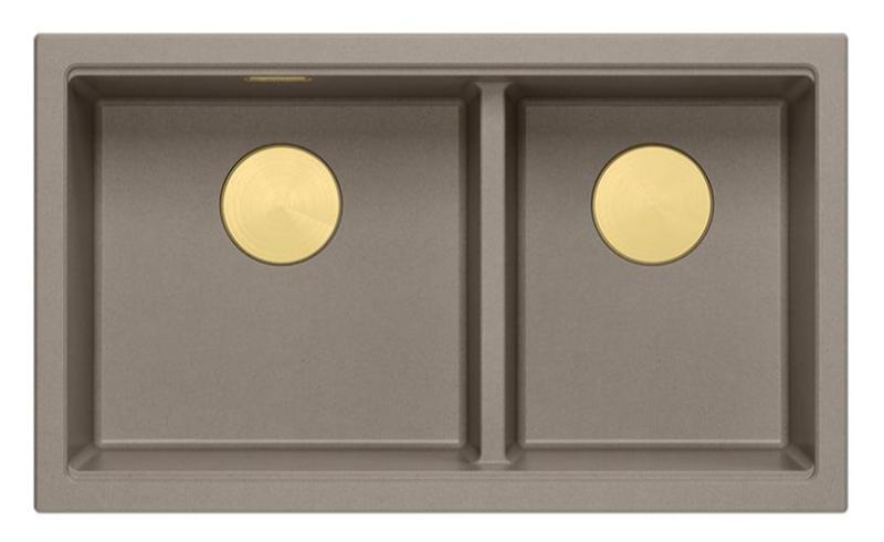 Quadri Newport II Dubbele Taupe Graniet Opbouw Spoelbak 76x45 cm met Gouden plug 1208971367