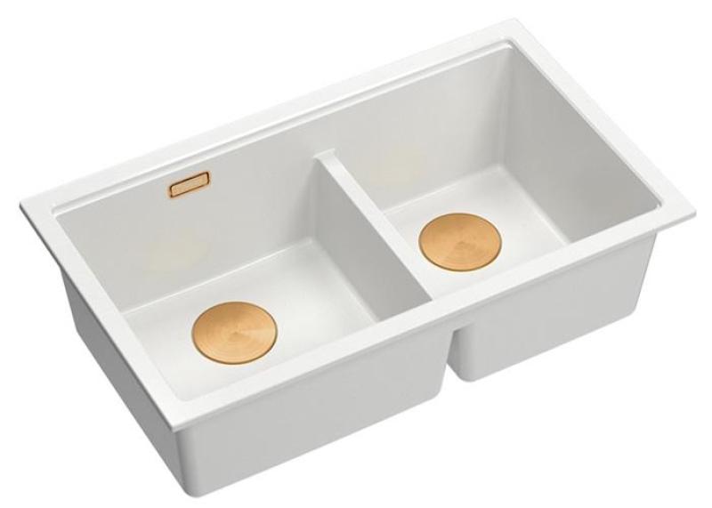 Quadri Newport II Dubbele Witte Graniet Onderbouw Spoelbak 702 x 390 mm met Koperen plug 1208971373