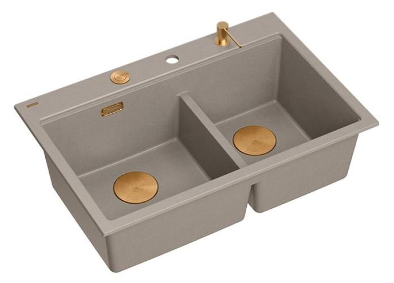 Quadri Hard Rock Dubbele Taupe Graniet Opbouw Spoelbak 76x50 cm met Koperen plug en accessoires 1208971391