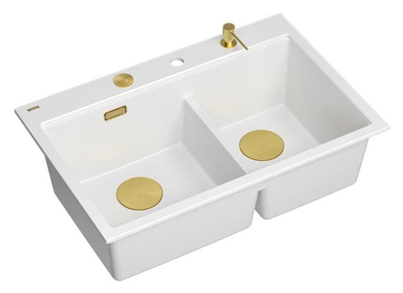 Quadri Hard Rock Dubbele Witte Graniet Opbouw Spoelbak 76x50 cm met Gouden plug en accessoires 1208971392